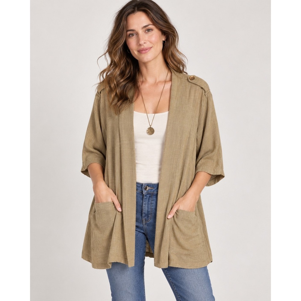 Phool Women's Tan 100% Cotton Open Front Utility Jacket M Lagenlook